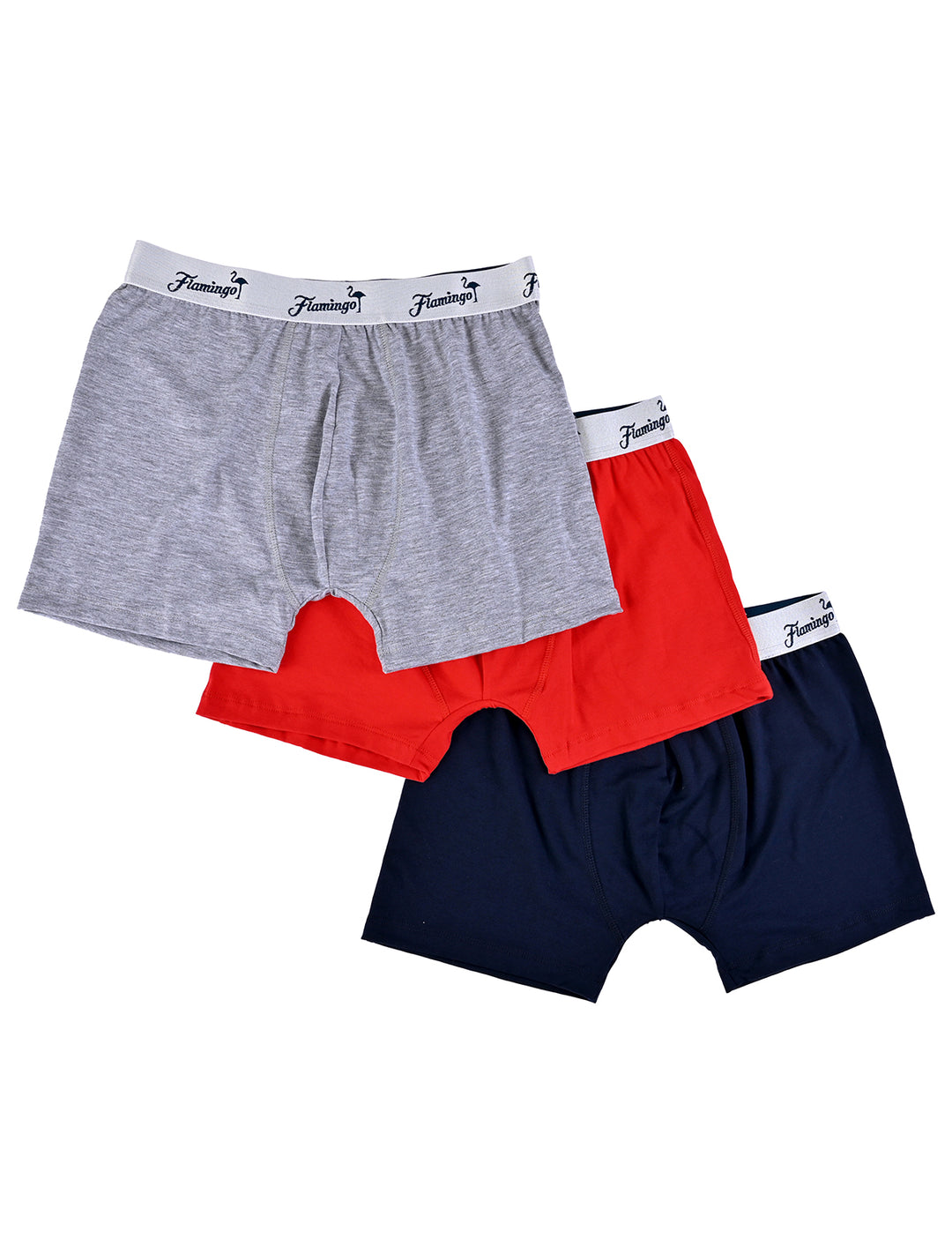 3 pack bóxer Cloud Flamingo multicolor gris, rojo y azul marino, vista conjunto - Ropa Flamingo
