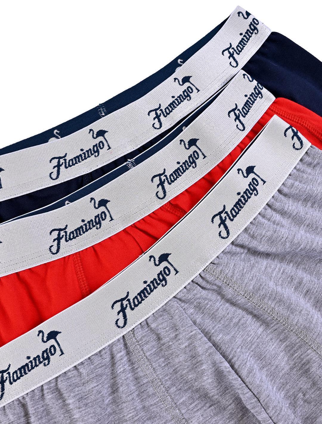 Detalle de cintura elástica Flamingo en pack de 3 bóxers azul marino, rojo y gris - Ropa Flamingo