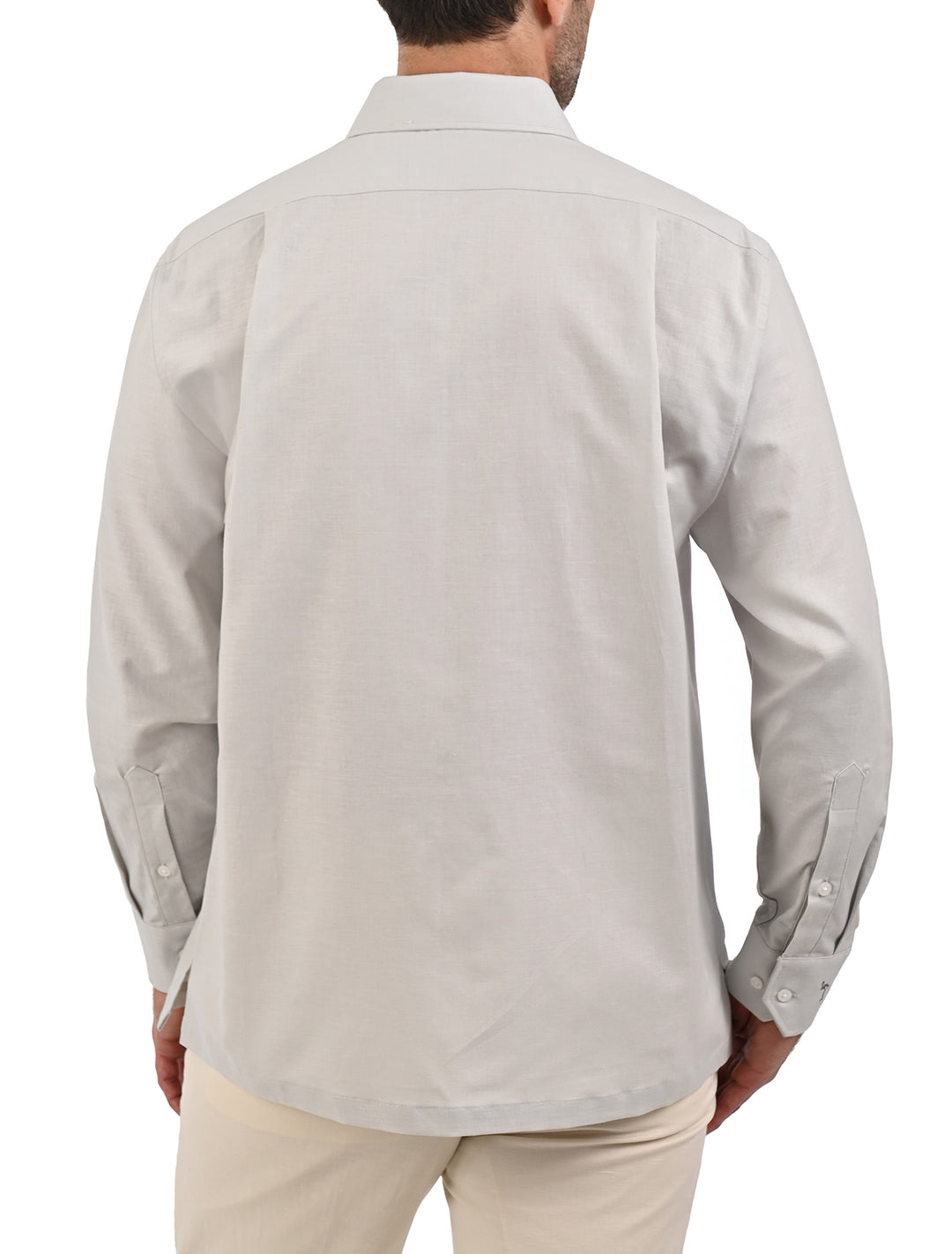 Vista trasera de guayamisa manga larga gris claro con bordado terracota para hombre - Ropa Flamingo