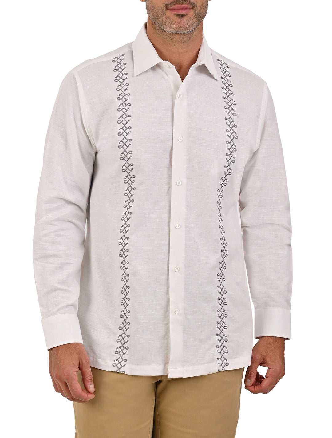 Guayamisa manga larga blanca con bordado decorativo para hombre, vista frontal - Ropa Flamingo