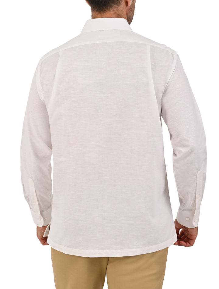 Vista trasera de guayamisa manga larga blanca con bordado decorativo para hombre - Ropa Flamingo