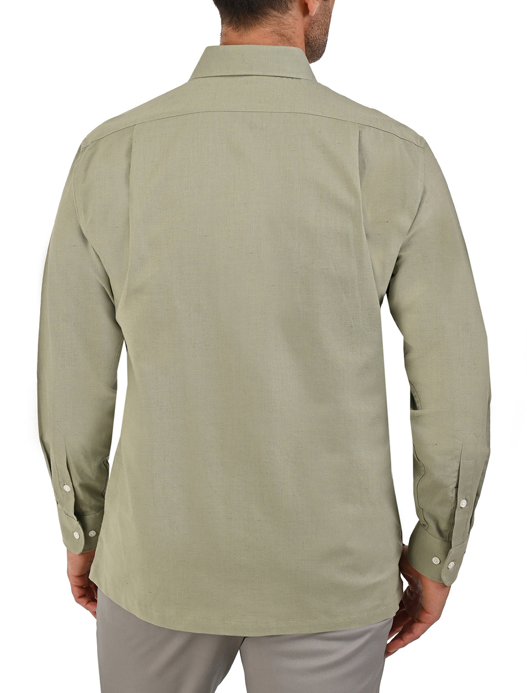 Vista trasera de guayamisa manga larga verde olivo con bordado decorativo para hombre - Ropa Flamingo