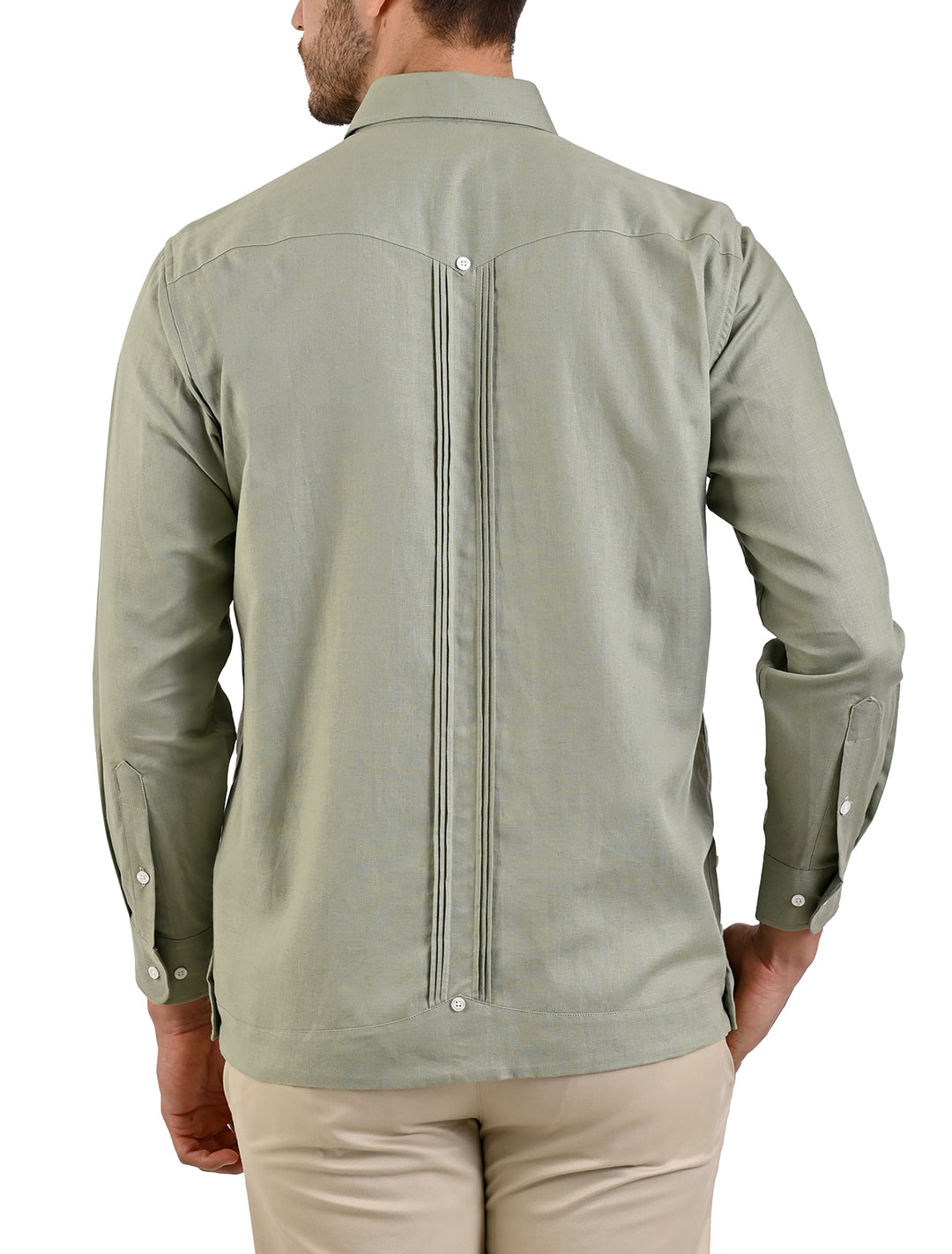 Vista trasera de guayabera manga corta Flamingo verde olivo con 4 bolsillos para hombre - Ropa Flamingo