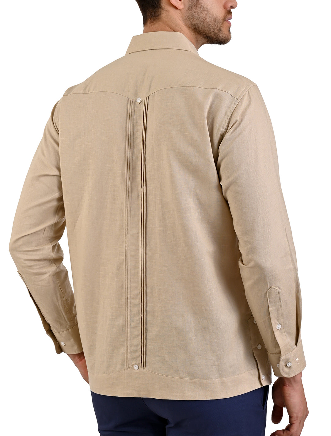 Vista trasera de guayabera manga corta Flamingo color khaki con 4 bolsillos - Ropa Flamingo