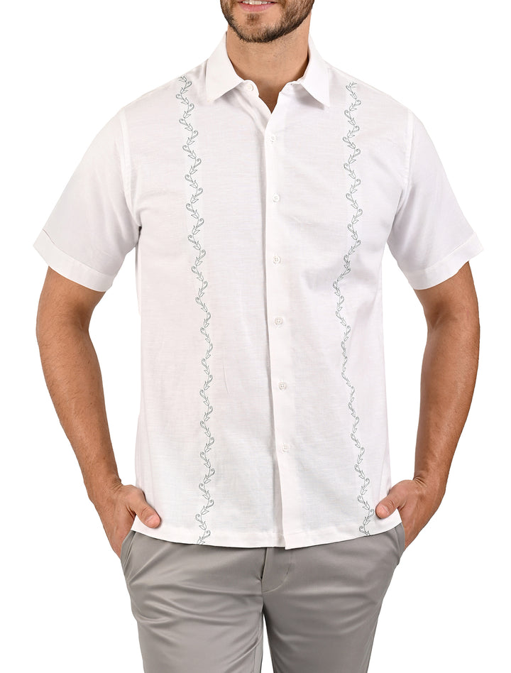 Guayamisa manga corta blanca con bordado decorativo para hombre - Ropa Flamingo
