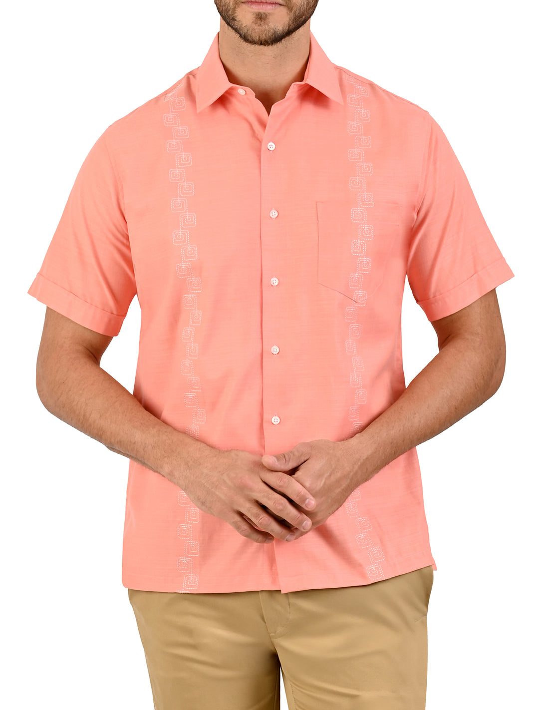 Guayamisa manga corta salmón con bordado blanco para hombre - Ropa Flamingo