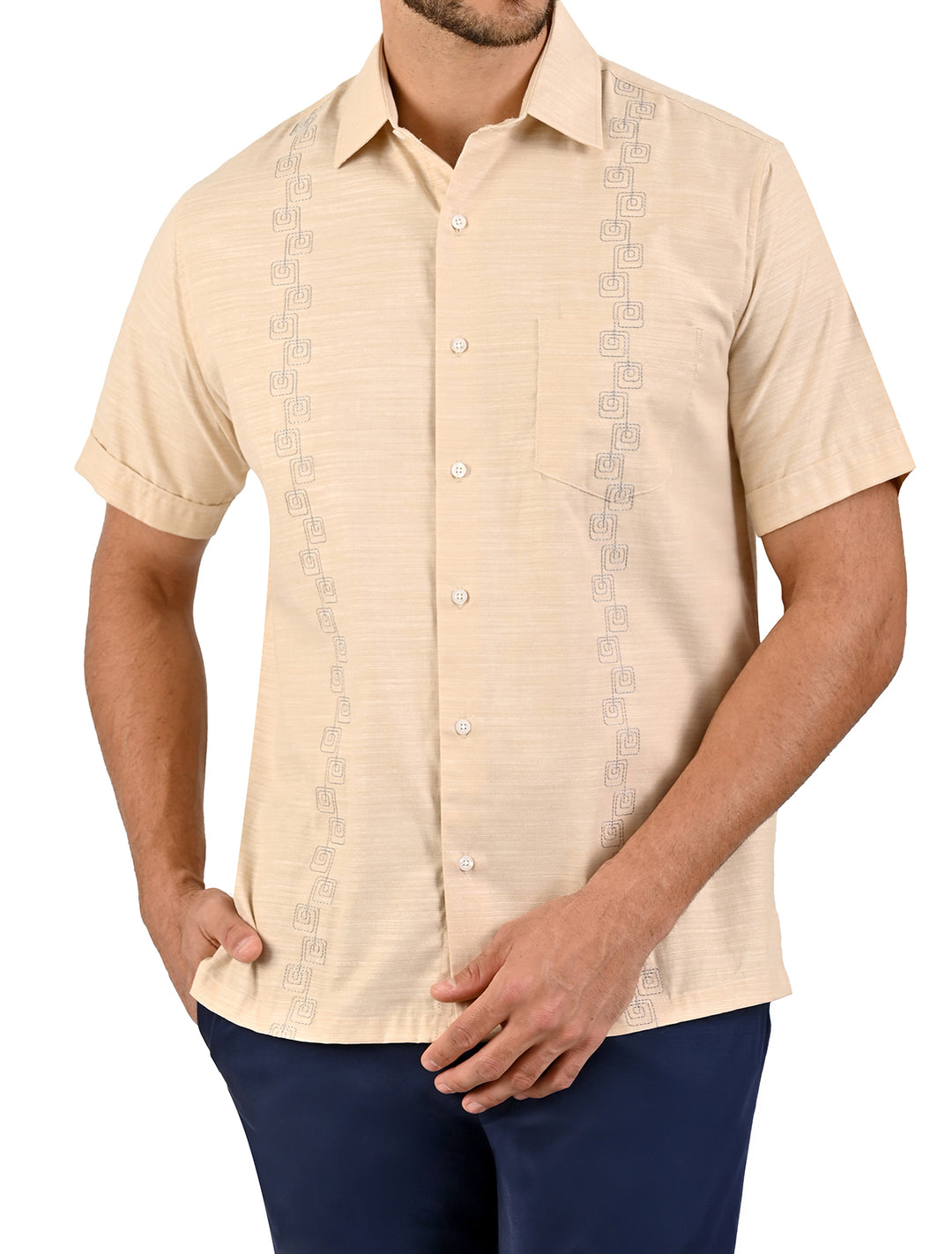 Guayamisa manga corta crema con bordado decorativo para hombre - Ropa Flamingo