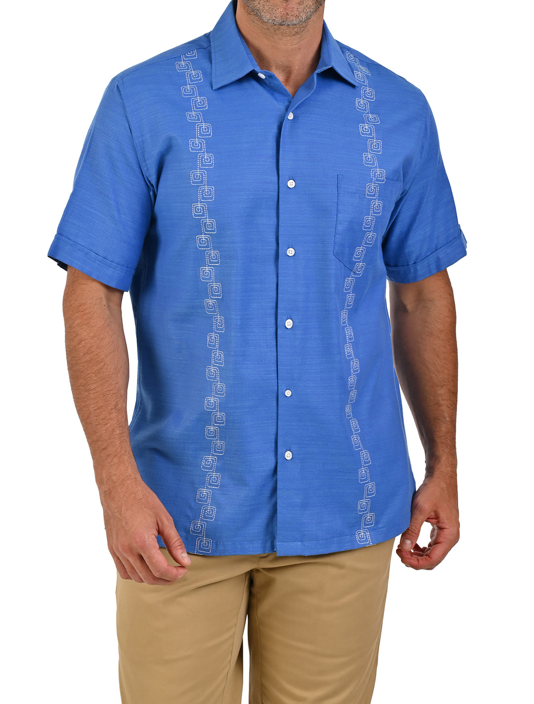 Guayamisa manga corta azul cobalto con bordado geométrico para hombre - Ropa Flamingo