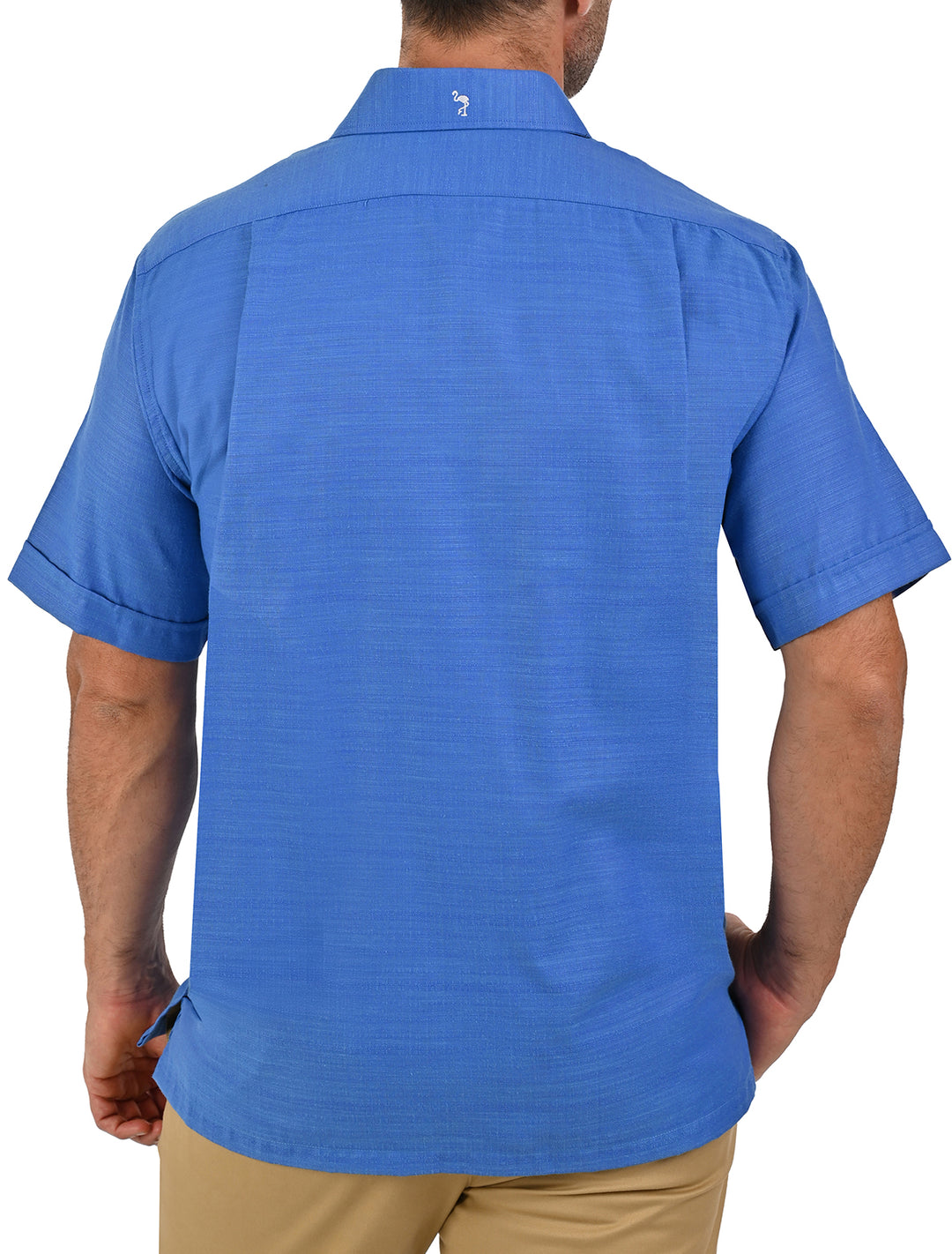Vista trasera de guayamisa manga corta azul cobalto con bordado geométrico - Ropa Flamingo