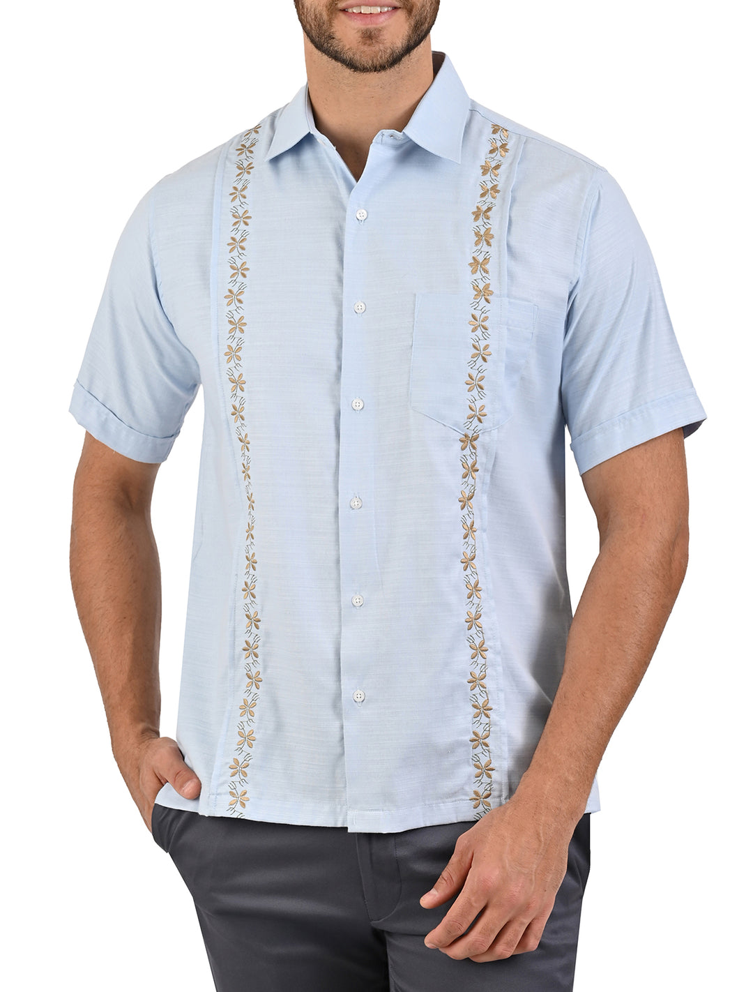 Guayamisa manga corta celeste con bordado dorado para hombre - Ropa Flamingo
