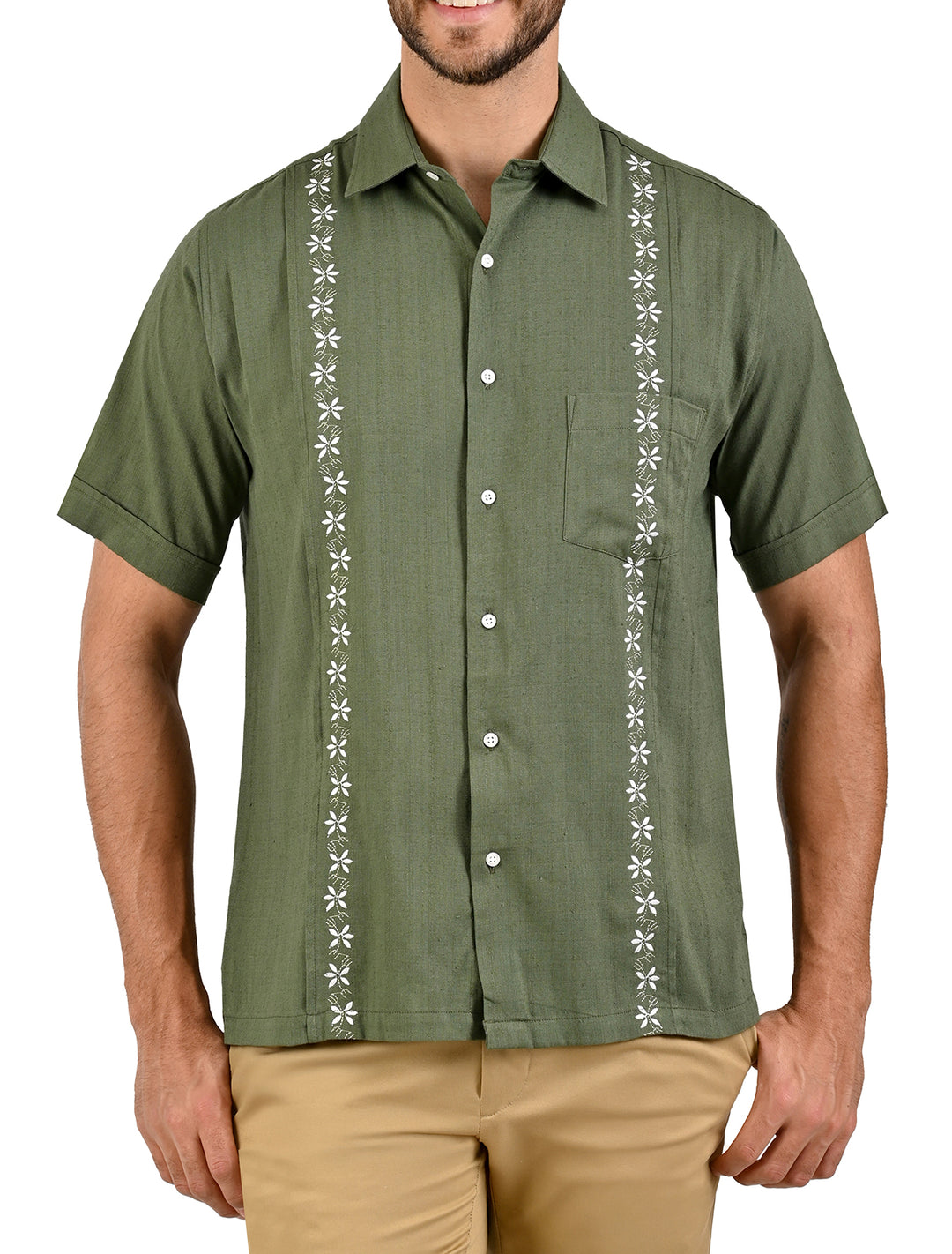 Guayamisa manga corta verde militar con bordado blanco para hombre - Ropa Flamingo