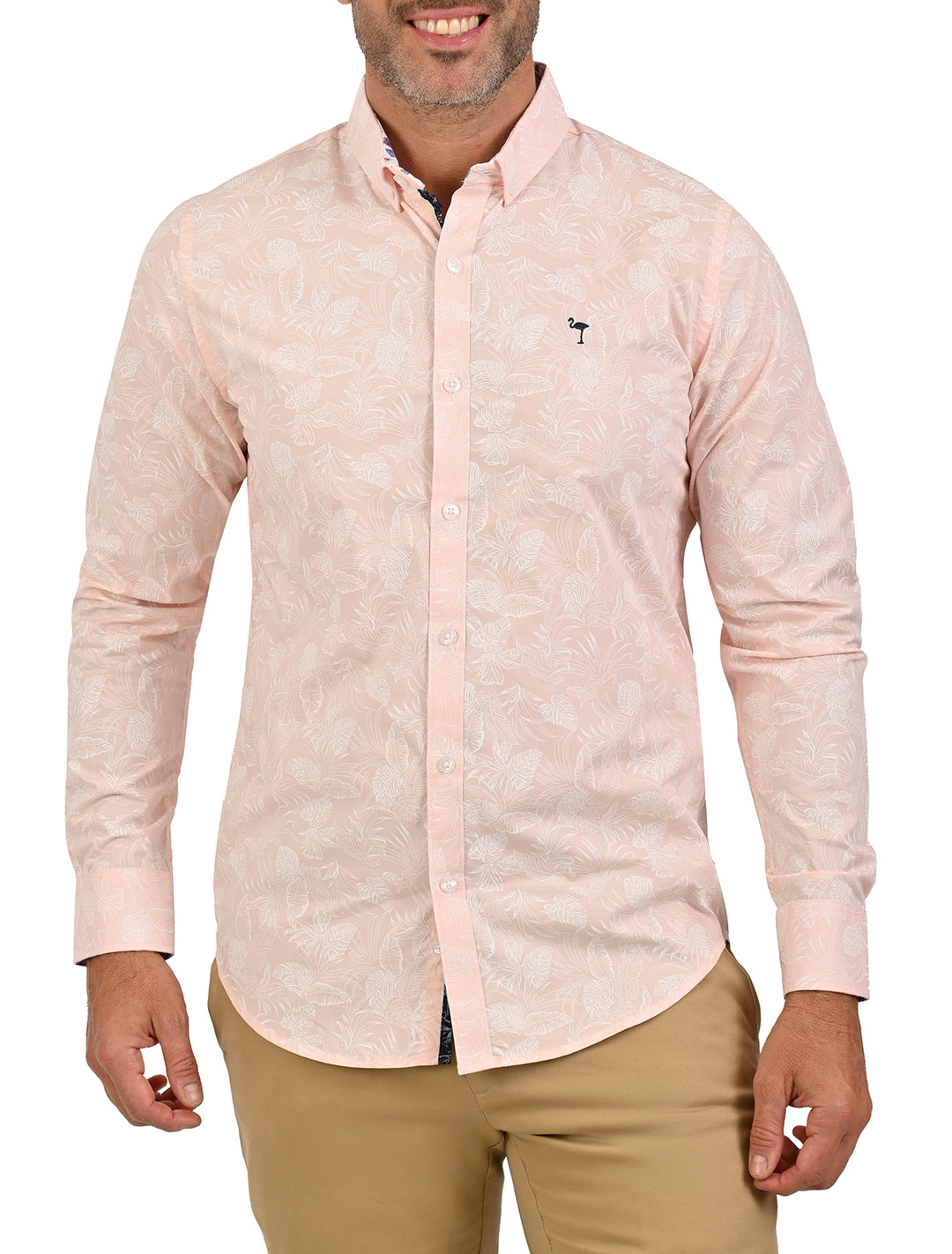 Camisa manga larga tropical salmón con estampado floral para hombre - Ropa Flamingo