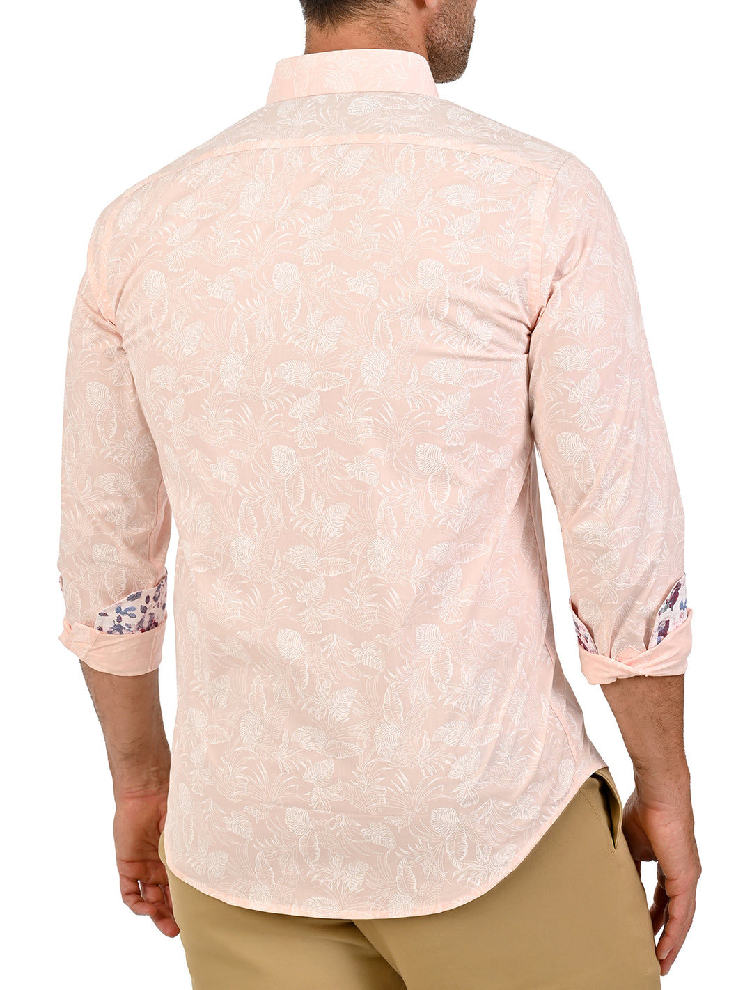 Vista trasera de camisa manga larga tropical salmón con estampado floral - Ropa Flamingo