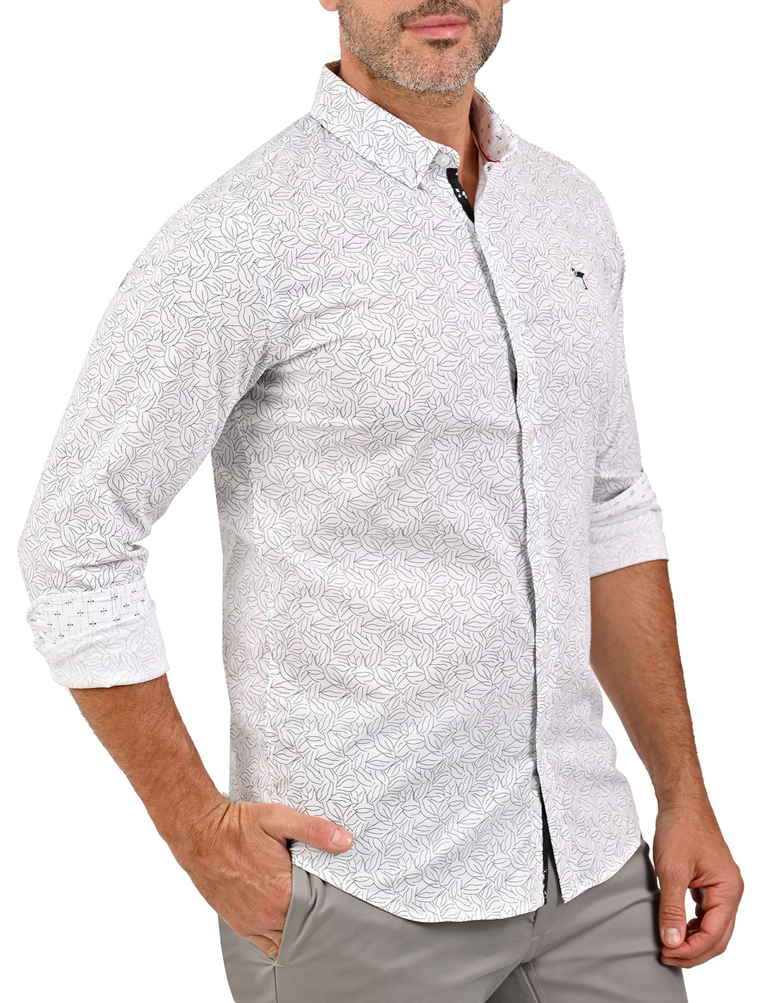 Vista lateral de camisa Flamingo Print blanca con estampado de flamingos - Ropa Flamingo