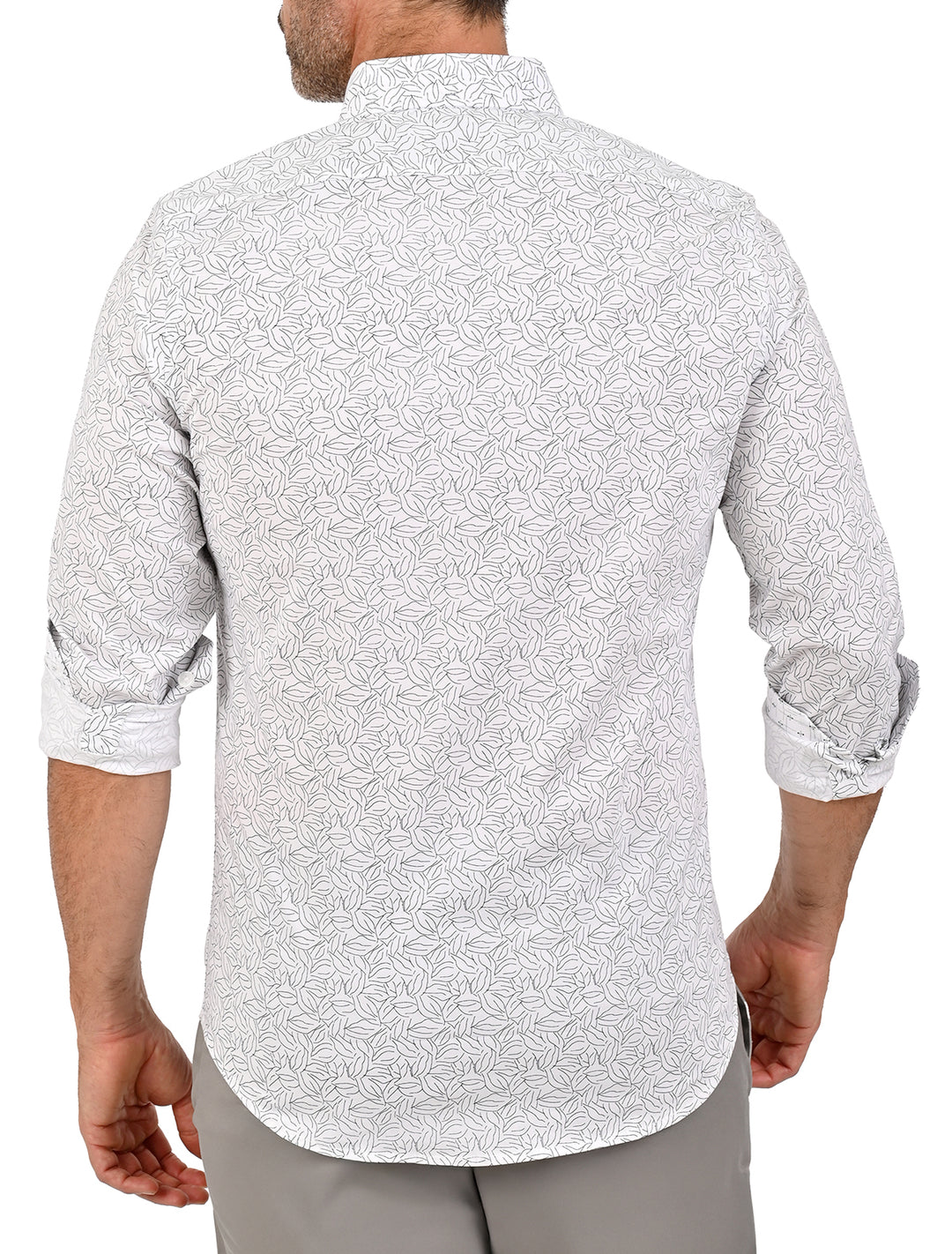 Vista trasera de camisa Flamingo Print blanca con mangas enrolladas - Ropa Flamingo
