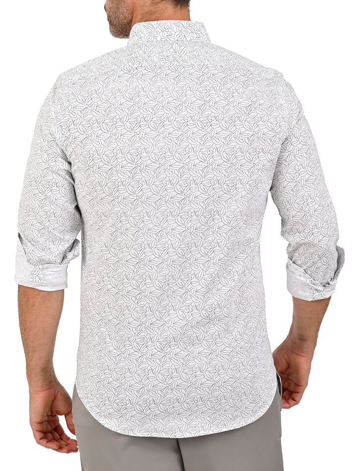 Vista trasera de camisa Flamingo Print blanca con mangas enrolladas - Ropa Flamingo