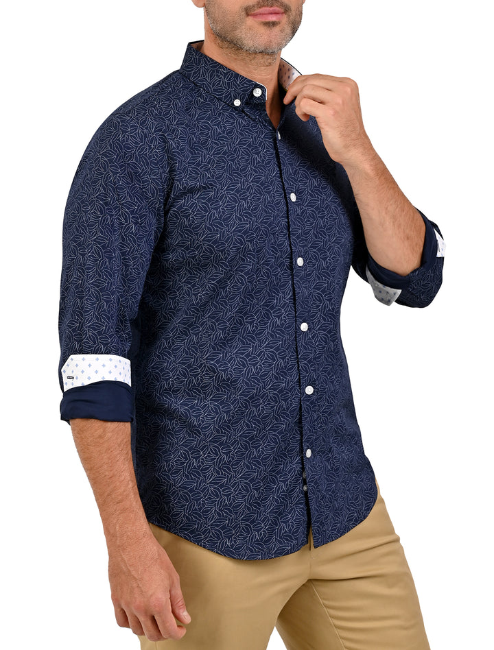 Vista lateral de camisa Flamingo Print azul marino con estampado de flamingos - Ropa Flamingo