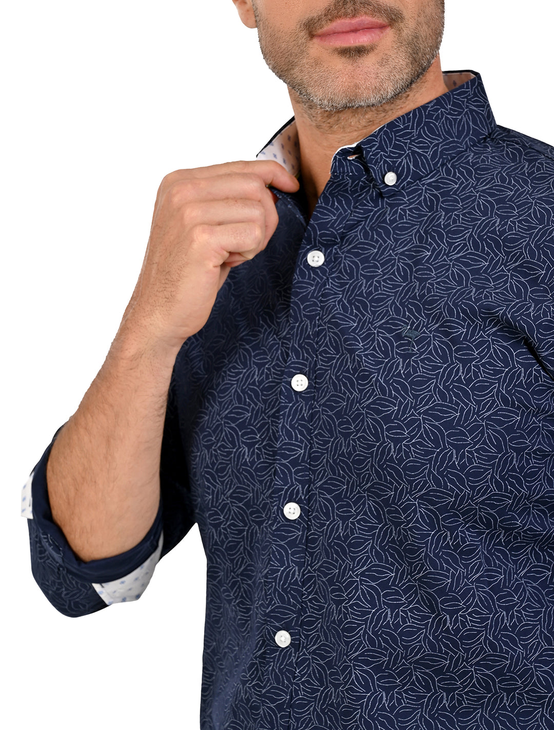 Detalle de la tela y estampado en camisa Flamingo Print azul marino - Ropa Flamingo