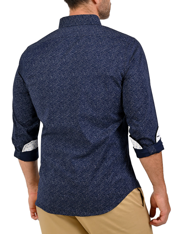 Vista trasera de camisa Flamingo Print azul marino con mangas enrolladas - Ropa Flamingo