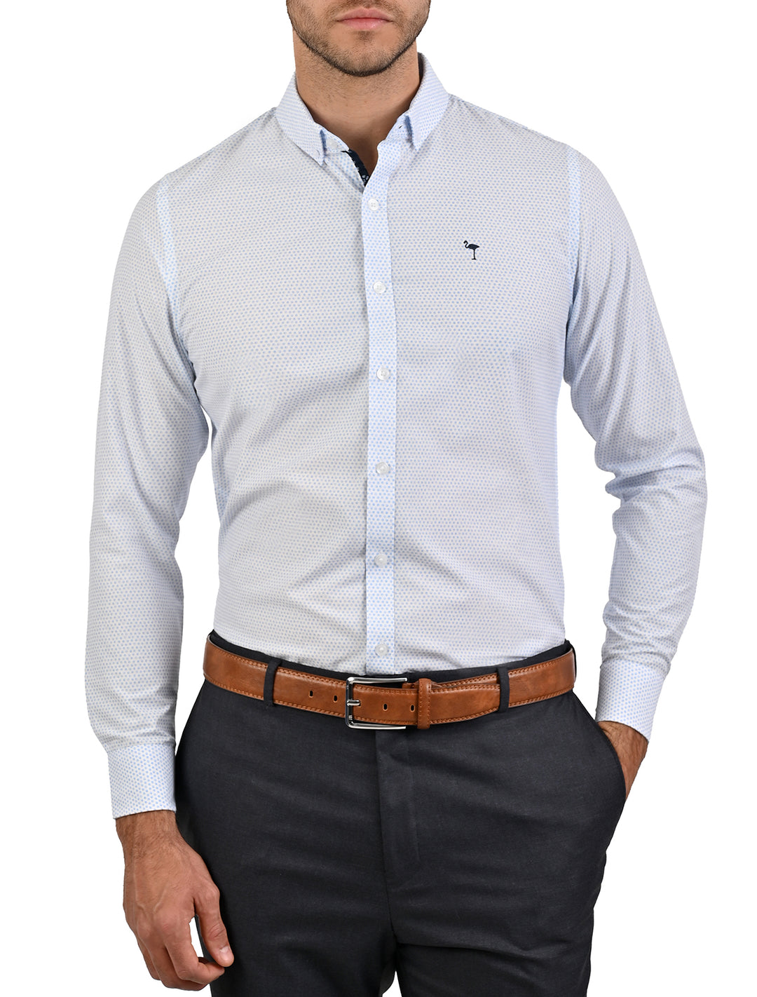Camisa manga larga slim con patrones celeste para hombre - Ropa Flamingo