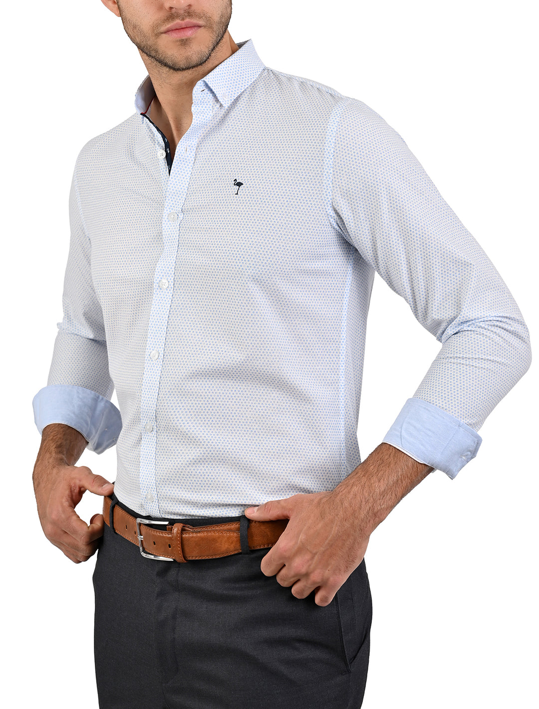Camisa manga larga slim con patrones celeste con mangas enrolladas para hombre - Ropa Flamingo