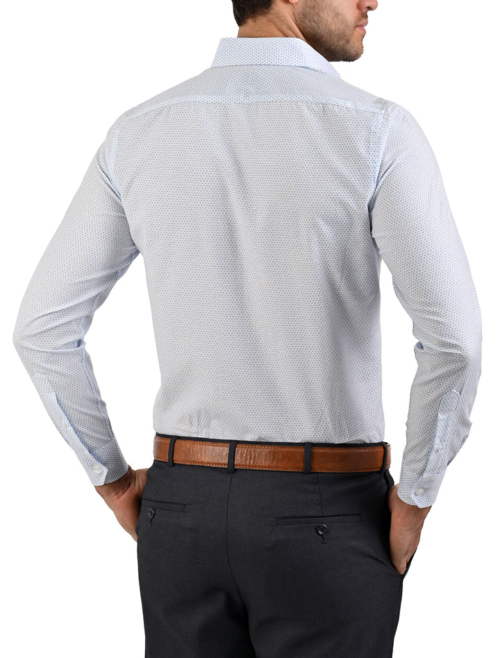 Vista trasera de camisa manga larga slim con patrones celeste para hombre - Ropa Flamingo