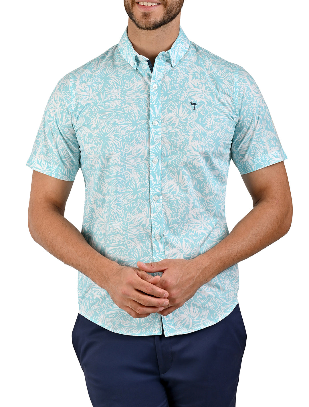 Camisa manga corta Calm turquesa con estampado de hojas para hombre - Ropa Flamingo