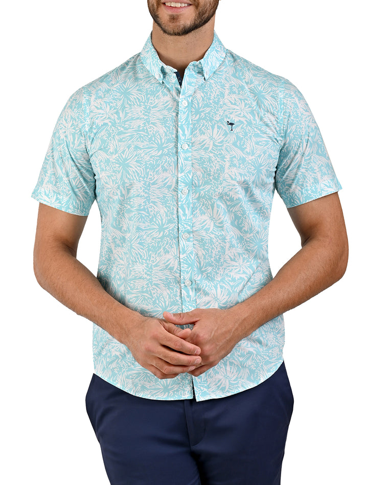 Camisa manga corta Calm turquesa con estampado de hojas para hombre - Ropa Flamingo