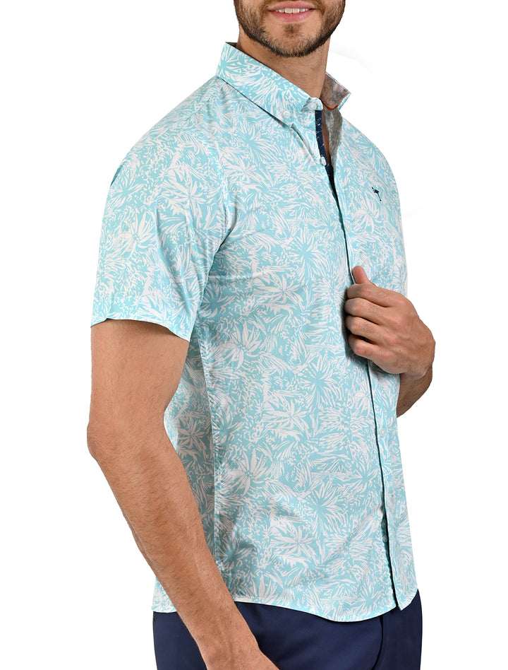 Vista lateral de camisa manga corta Calm turquesa con estampado de hojas - Ropa Flamingo