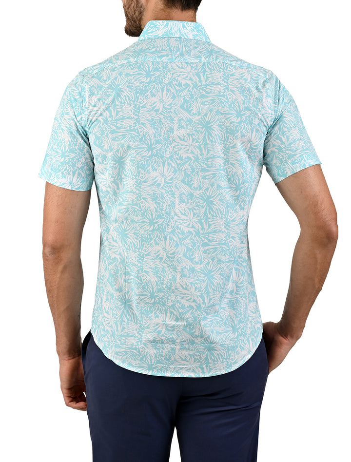 Vista trasera de camisa manga corta Calm turquesa con estampado de hojas - Ropa Flamingo