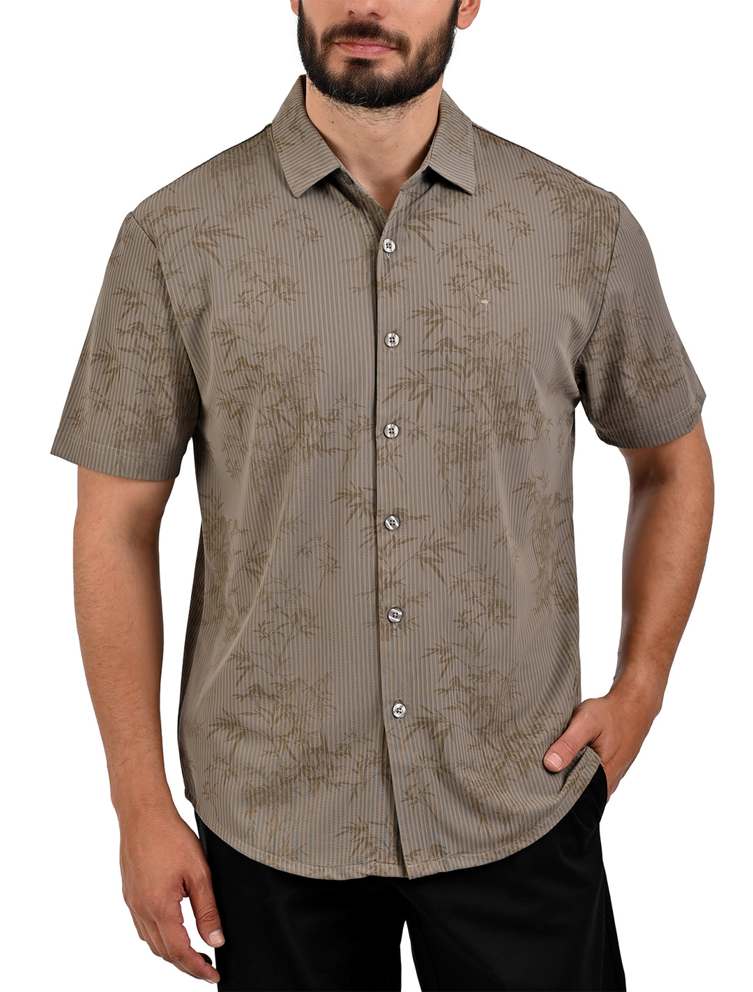 Camisa manga corta ultra suave relax color café con estampado de bambú para hombre - Ropa Flamingo