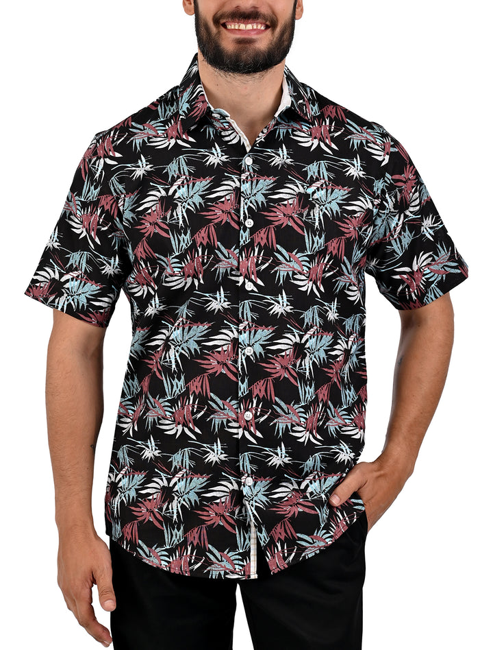 Camisa manga corta slim con estampado tropical negro para hombre - Ropa Flamingo