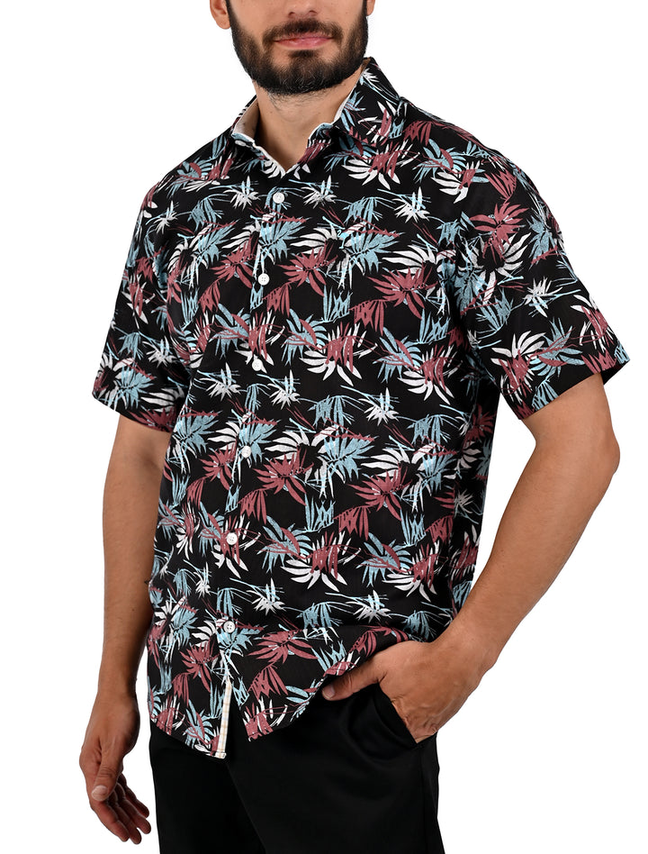 Vista lateral de camisa manga corta slim con estampado tropical negro - Ropa Flamingo