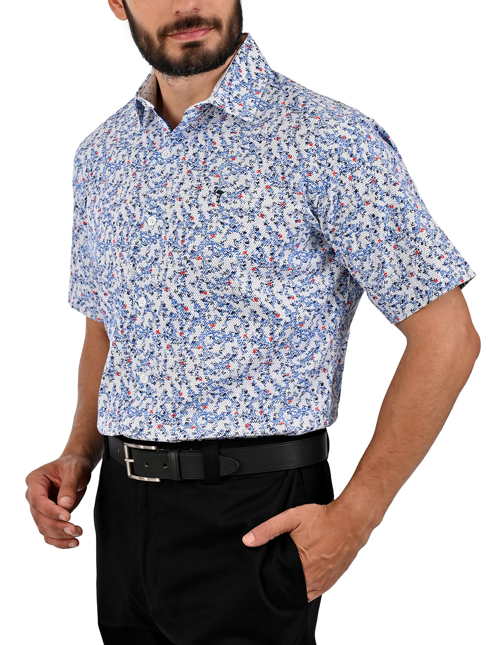 Vista lateral de camisa manga corta slim con micro diseño multicolor - Ropa Flamingo