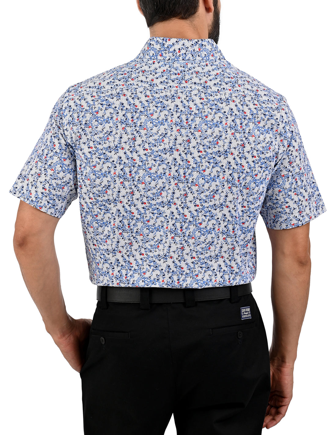 Vista trasera de camisa manga corta slim con micro diseño multicolor para hombre - Ropa Flamingo