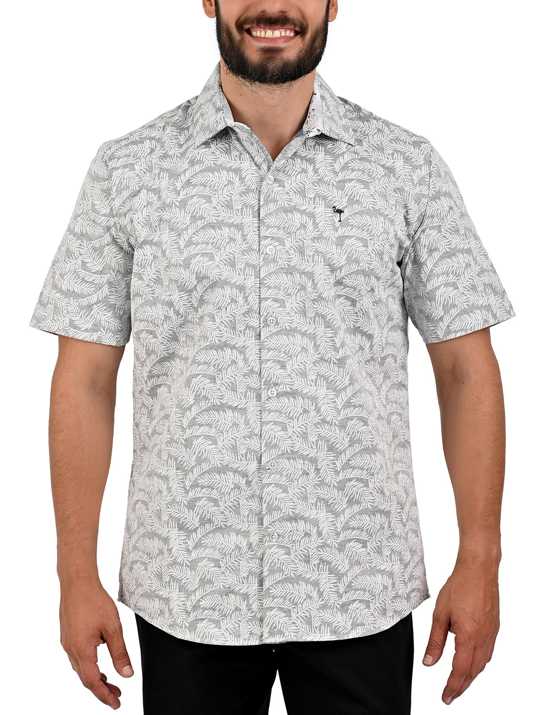 Camisa manga corta slim con estampado de hojas color blanco para hombre - Ropa Flamingo