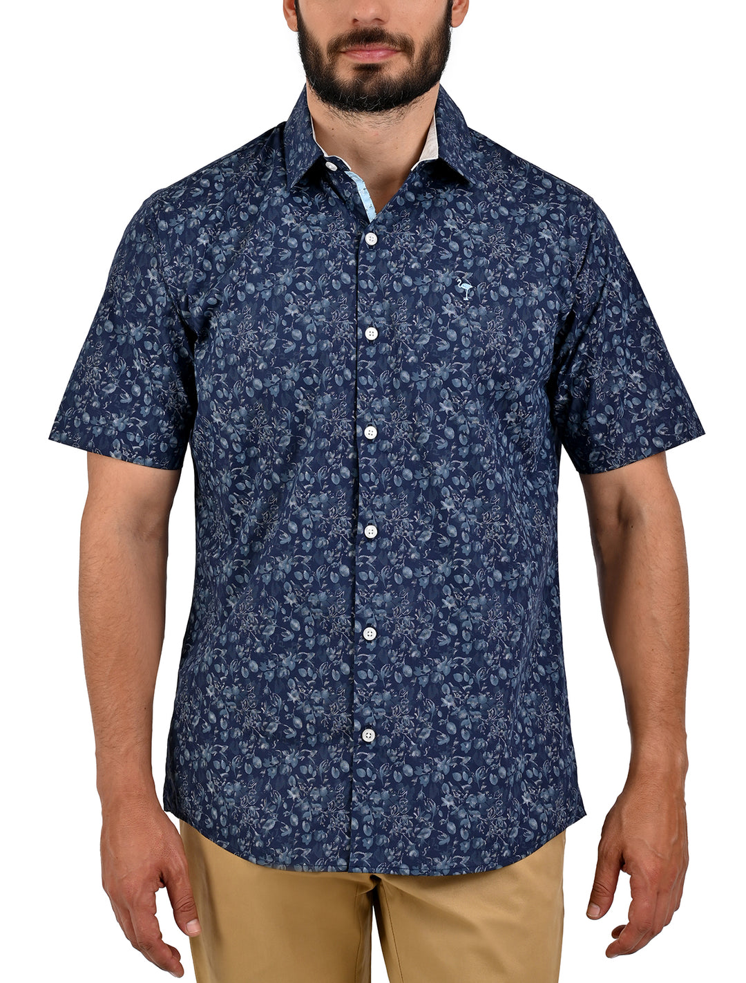 Camisa manga corta slim con micro estampado floral azul marino para hombre - Ropa Flamingo