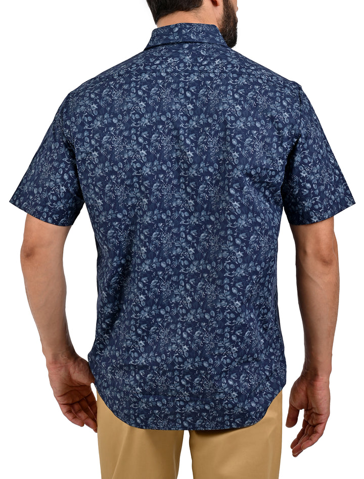 Vista trasera de camisa manga corta slim con micro estampado floral azul marino para hombre - Ropa Flamingo