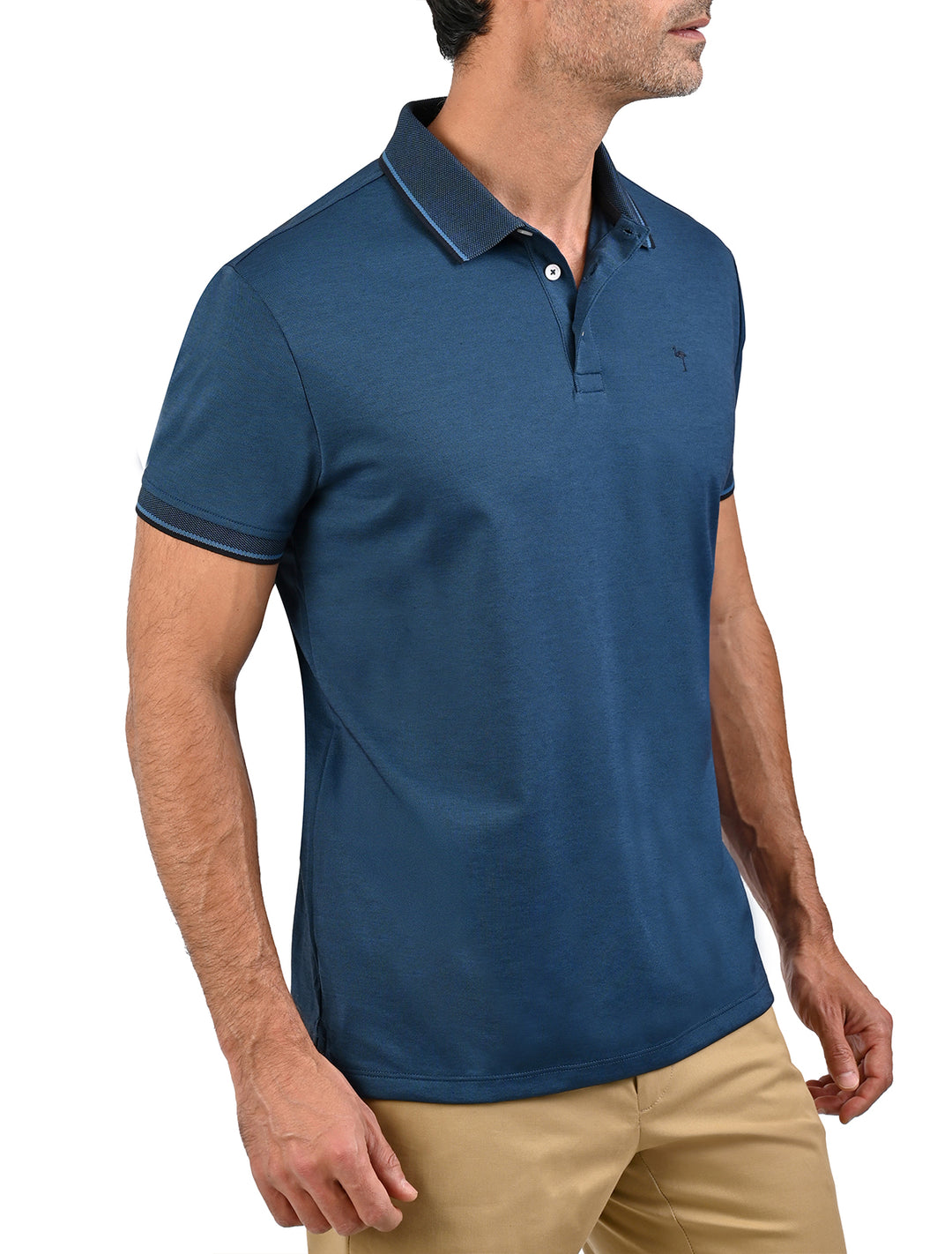 Vista lateral de polo de algodón Pima Peruano azul marino para hombre - Ropa Flamingo